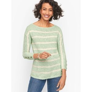 Talbots Sweater MP Button Cuff Stripe Slub Pullover Mint Easter Coastal Preppy
